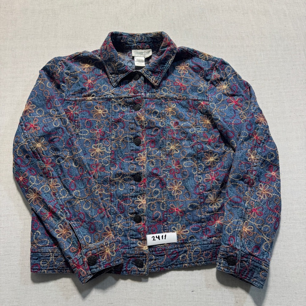 Coldwater Creek Embroidered Denim Jacket Womens Sz PS Blue Floral